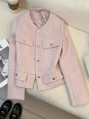 Bxoxo Elegant Women Pink Blazer Coat Sweet Long Sleeve Fashion Slim Suit Jacket Korean Chic O Neck Female Fall Winter Casual Outwear