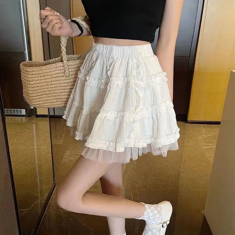 BXOXO Kawaii Lace Short Skirt for Women White Fairycore Lolita Mini Skirt Woman High Waist Cute Ruffle Pleated A-Line Skirts