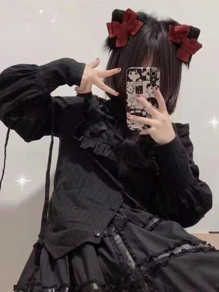 BXOXO 2025 Vintage Black Loose Y2k Aesthetic Shirt Women Streetwear Bandage Bow Grunge Blouse Harajuku Oversized Blusas Camisas Mujer