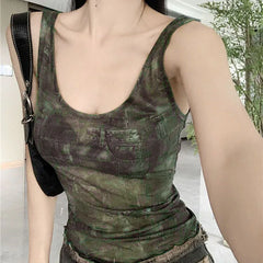 BXOXO Women's Summer Fitted Crop Tops Y2K Vintage Sleeveless U Neck Open Back Vintage Pattern Print Tank Tops E-Girl Streetwear