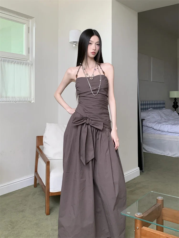 Bxoxo Ruched Backless Halter Maxi Dress For Woman Summer 2025 Tunic Ball Gown Strapless Long Dress Elegant Party Clothes