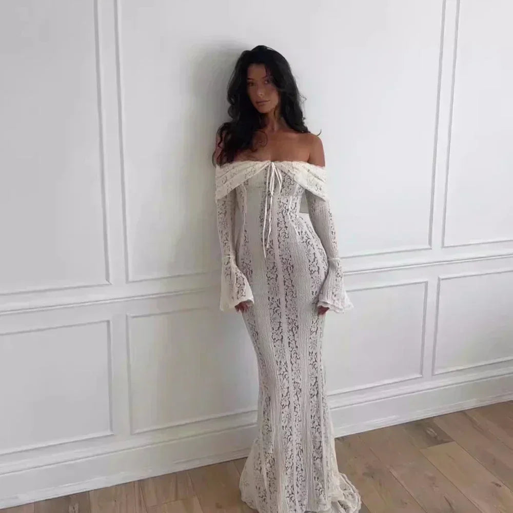 BXOXO  White Off The Shoulder Bodycon Dress New in Flare Sleeve Elegant Lace Maxi Dress Wedding Guest Dress for Women