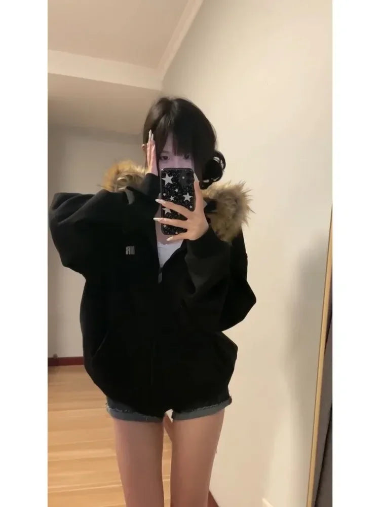 BXOXO Black Zip Up Hoodies Women Vintage Preppy Style Faux Fur Coat Korean Oversized Casual Sweatshirt Harajuku Autumn Winter