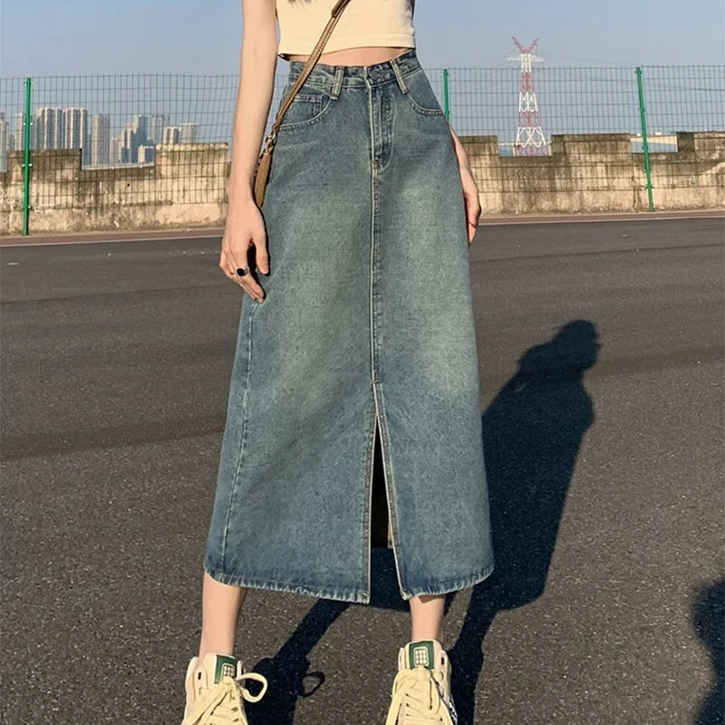 Bxoxo Summer New High-waist Slit Denim Skirt For Women Washed Retro A- line Skirt Hip-covering Straight Long Skirt