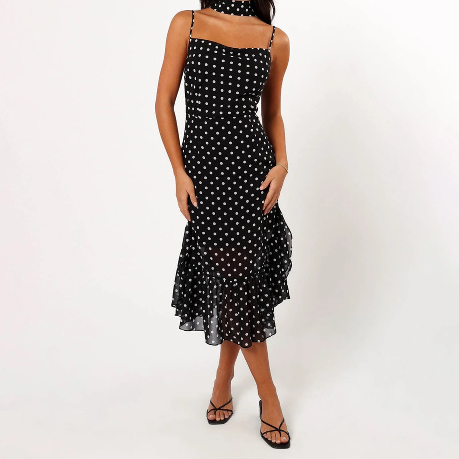 BXOXO Women Summer Spaghetti Strap Dress Casual Dot Print Ruffle Party Dress and Scarf for Vacation Beach Streetwear