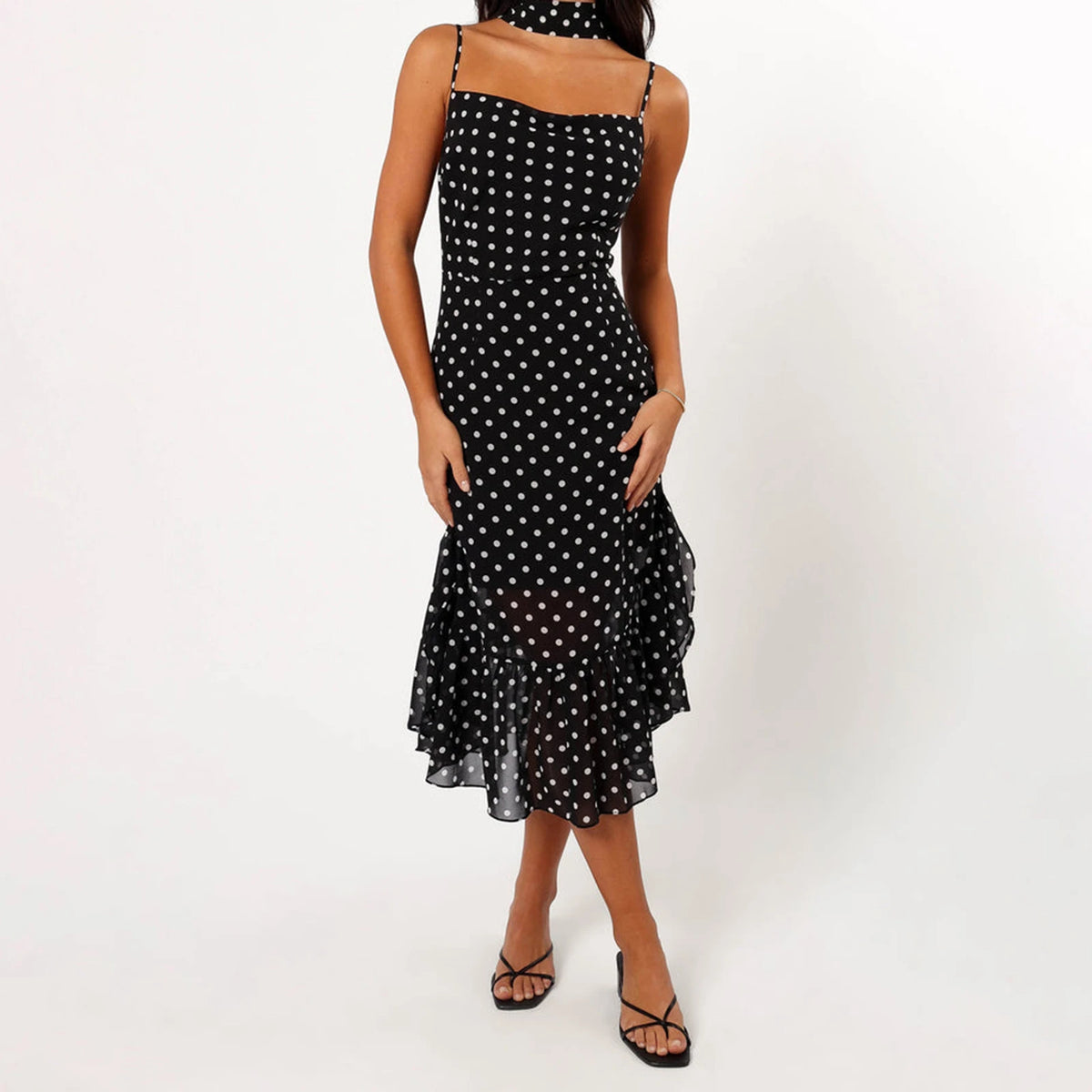 BXOXO Women Summer Spaghetti Strap Dress Casual Dot Print Ruffle Party Dress and Scarf for Vacation Beach Streetwear