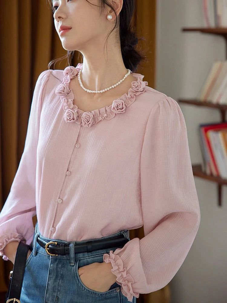 Bxoxo Elegant 3D Floral Blouse Women Vintage Sweet O Neck Long Sleeve Shirt Fall French Retro Casual Female Ruffles All Match Pink Top