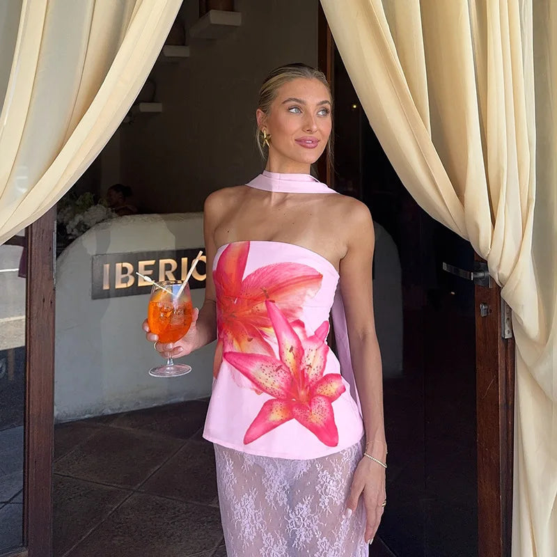 BXOXO Holiday Floral Print Tube Top with Scarf Fairycore y2k Strapless Cropped Tops Women Summer Casual Vest Elegant Aesthetic