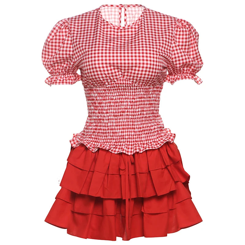 BXOXO Fashion 2-Piece Set Women Plaid Folds Puff Sleeves o-Neck Tops+Multi-Layered Bandage Ruffles Puffy Skirt Matching Suit