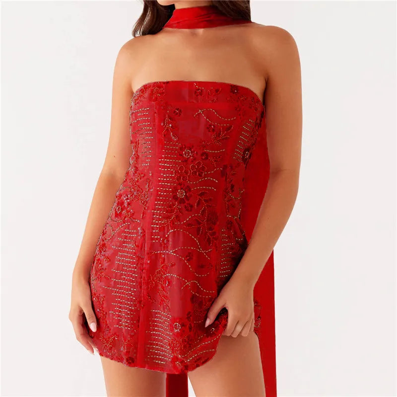 BXOXO Women Sequin Strapless Mini Dress with Scarf Y2K Rhinestone Sleeveless Off Shoulder Dress Sexy Backless Club Party Dress