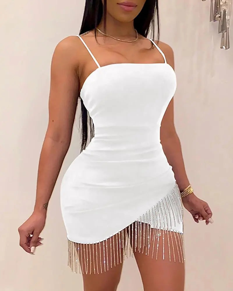 BXOXO New Woman Party Night Birthday Tassel Split Sleeveless Bodycon Dress Summer Elegant Suspender Short Mini Pencil Sexy Dresses