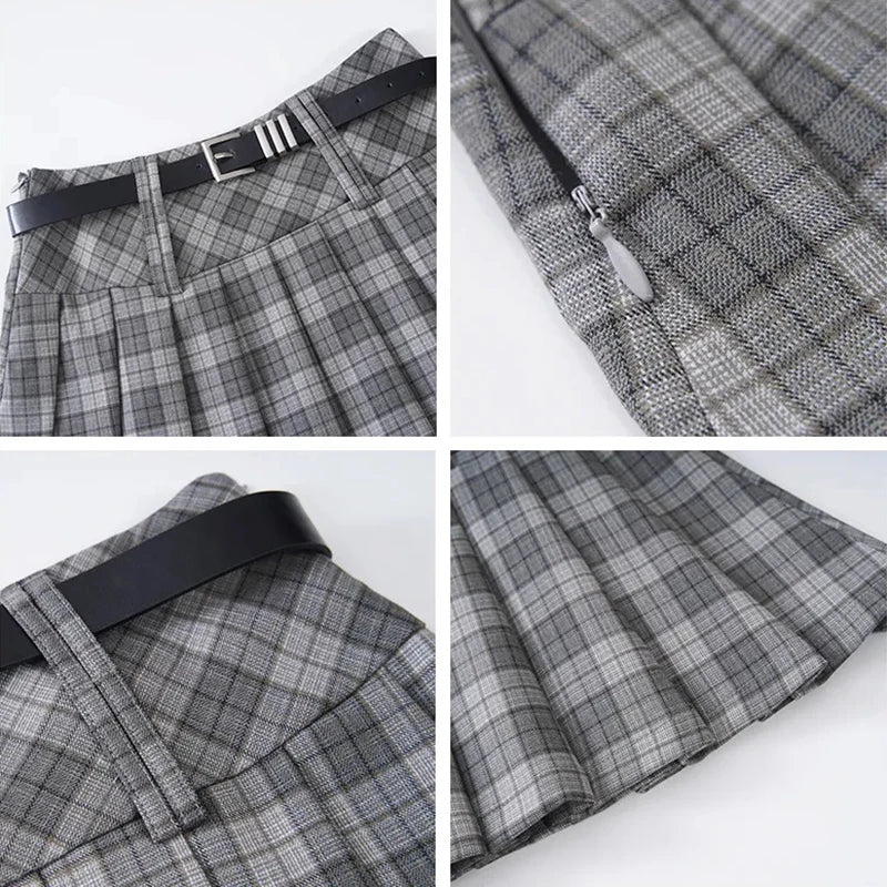 Bxoxo Vintage Plaid Women Pleated Skirts Y2K High Waist Preppy with Belt Mini Skirts Spring Korean All Match Ladies A Line Skirts New