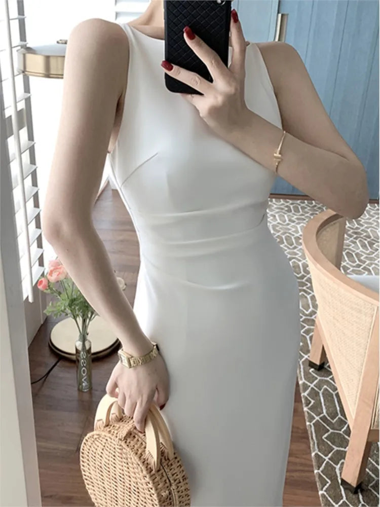 Bxoxo Women's Spaghetti Strap Sleeveless Solid Sexy Dresses Summer New Fashion Office Lady Female Elegant Evening Party Midi Dress