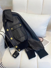 Bxoxo Black Pu Leather Crop Jacket for Women Y2K Fall Loose Streetwear Lapel Motorcycle Coats Korean Single Breasted All Match Outwear