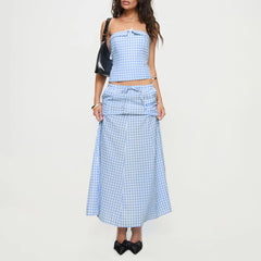 BXOXO Y2k Women's 2 Piece Outfits Summer Plaid Maxi Skirt Set Crop Tube Crop Tops and Flowy Hem Long Skirt Sets Aesthetic