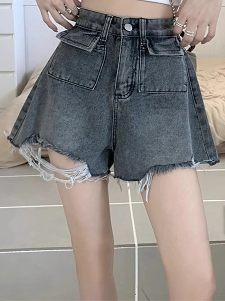 Ins Lady High Waist Denim Wide Leg Shorts Girls Trashy Y2k 2000s Short Ripped Pants Female Blue Korean Loose Hot Jeans Plus Size