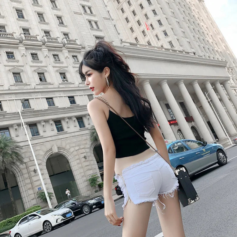 Bxoxo New Summer Europe and America Fashion Sexy Hottie Low Waist Ripped Ladies Denim Shorts Zip Up Lace-Up Hot Pants Jeans
