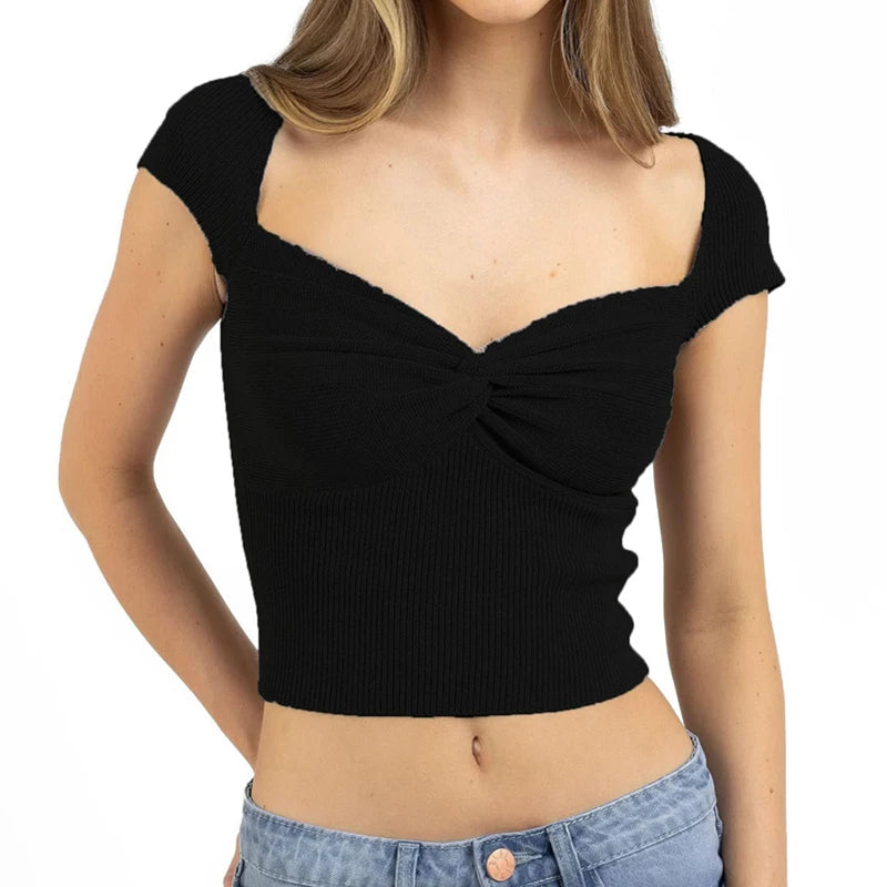 BXOXO Knit Crop Top y2k Aesthetic Women Solid Color Front Twist V Neck Short Sleeve Ribbed T Shirt Casual Basic Vest 2000s Streetwear