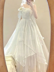 Bxoxo Summer Fairy White Dress Women Slim Fit Maxi, French Ruffle Long Dress Beach Elegant Goddess Style Outfit