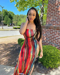 BXOXO Spring/Summer Women's Colorful Tie Dye Print Off Shoulder Wrapped Chest Dress