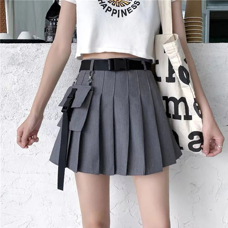 Bxoxo Harajuku Belt Pleated Cargo Skirt Women Fashion Gothic High Waist Pocket Mini Skirts Fashion Summer Lady A Line Black Skirt