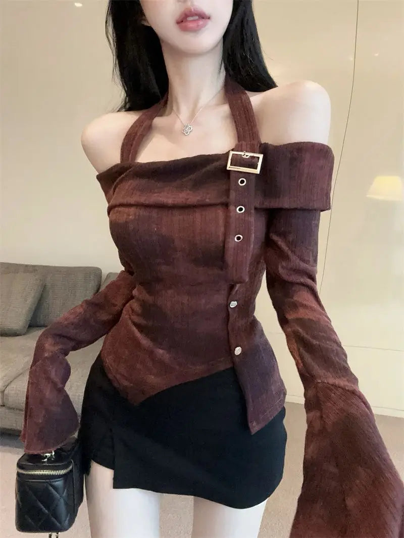 Bxoxo Hot Girl Hanging Neck Off Shoulder Long Sleeved T-shirt for Women New Niche Slim Fit and Slimming Short Top