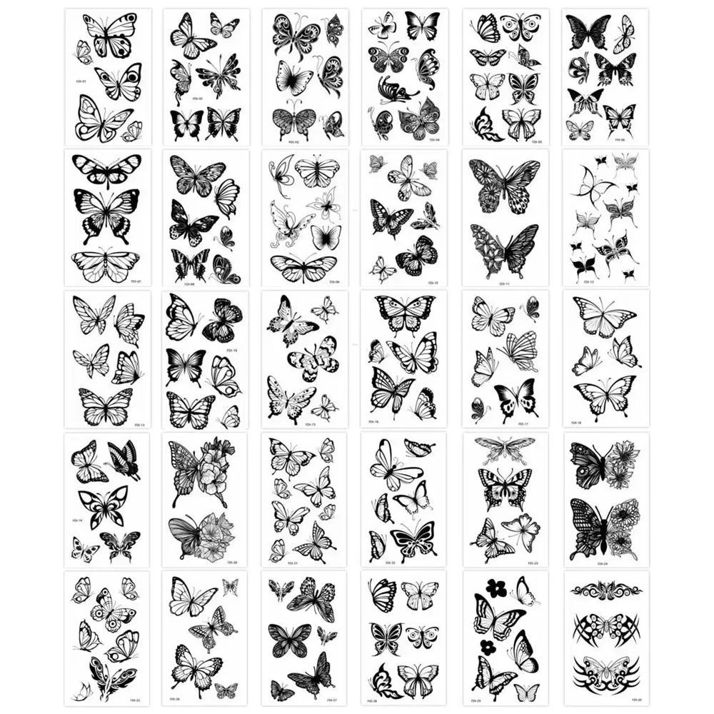 BXOXO 30 Sheets Black Butterfly Temporary Tattoos for  Women Waterproof Tattoo Stickers Suitable for Arm Body Realistic Fake Tattoo