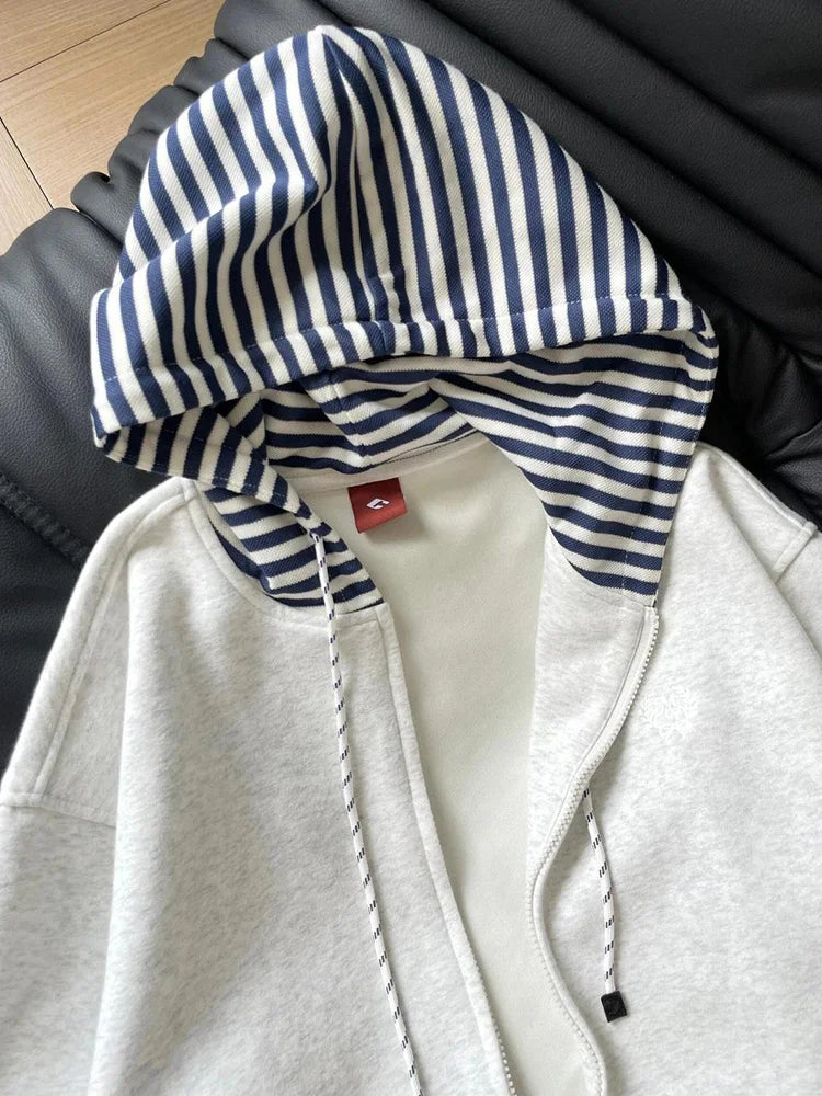 Bxoxo Striped Patchwork Vintage Hoodies Women Loose Harajuku Long Sleeve Retro Sweatshirts Casual American Streetwear Pockets Bf Tops