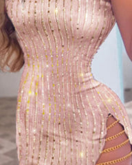 BXOXO Women's Sequin Eyechain Slim Fit Short Dress Sexy Pink Bottom Party Mini Dress Summer