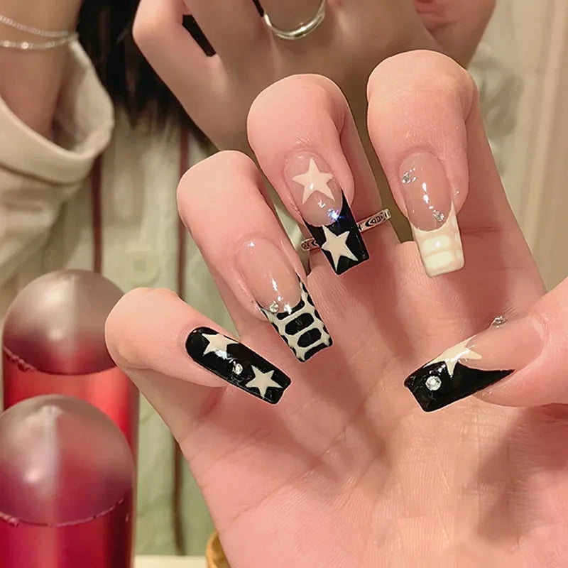 BXOXO Black Y2K Press on Nails Long Coffin Pink Fake Nails with Diamond Designs Gradient Color Wearable False Nail for Women New