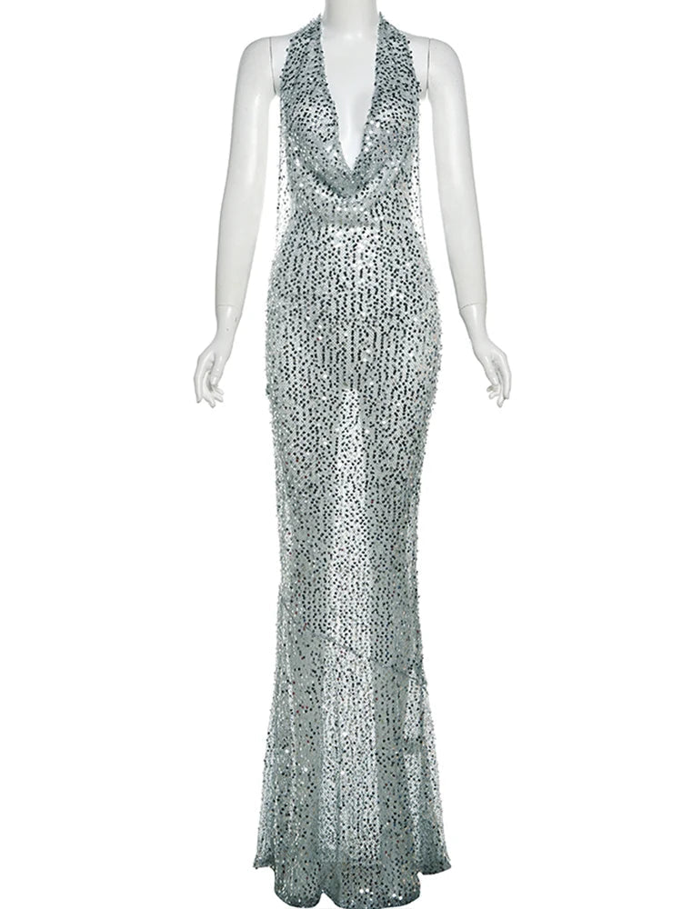 BXOXO Shiny Sequins Sexy Women Long Dress Stunning Halter Lace Up Swinging Neck Backless Sheath Vestidos Female Club Party Robe