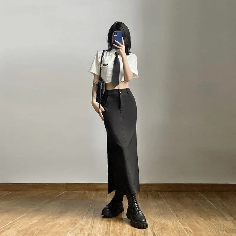 Bxoxo Goth Dark Elegant Mall Gothic Trumpet Women Midi Skirts Grunge High Waist Split Sexy Club Long Skirt Slim Party Streetwear