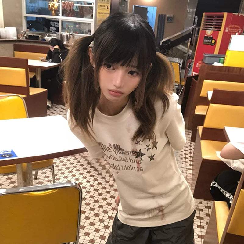 BXOXO Y2k Japanese Prin T-shirt Short Sleeve 2000s Aesthetic Grunge Tops Egirls Streetwear 2000s Aesthetic Graphic Tops Tee