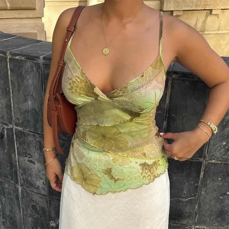 BXOXO Women V Neck Sleeveless Layers Crop Tops Y2k Coquette Tie Dye Print Camisole Boho Beach Backless Tank Tops Laides Vest