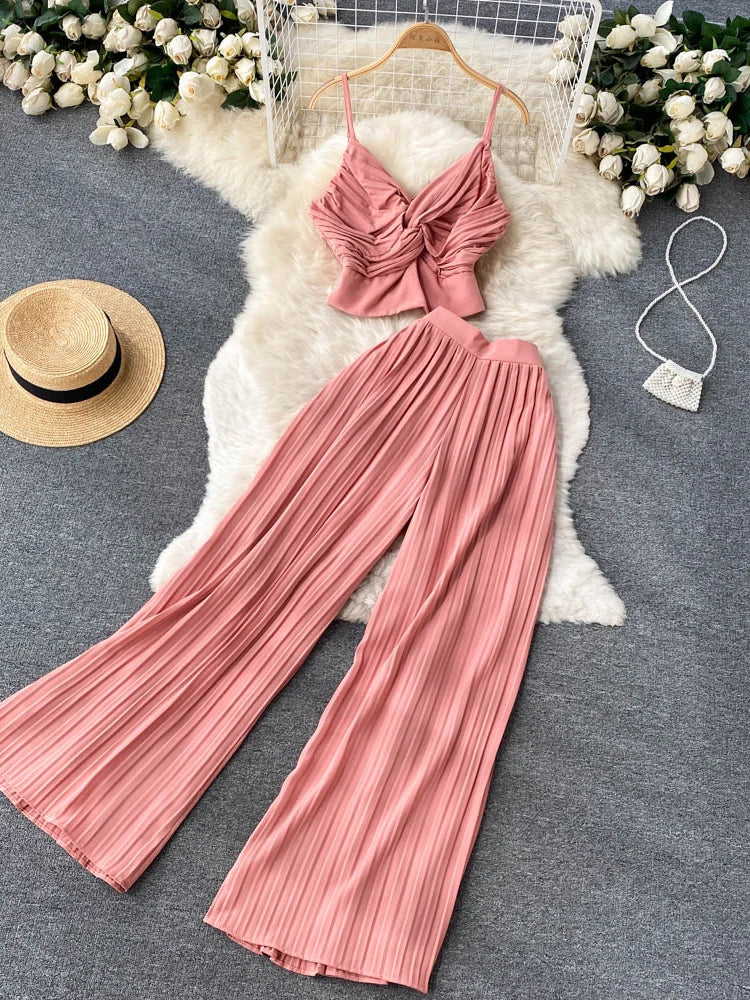 BXOXO Summer Women Pleated Two Piece Set Sexy Female Criss Cross Twist Strap Tops + High Waist Draped Pants Beach Suits Vacation New