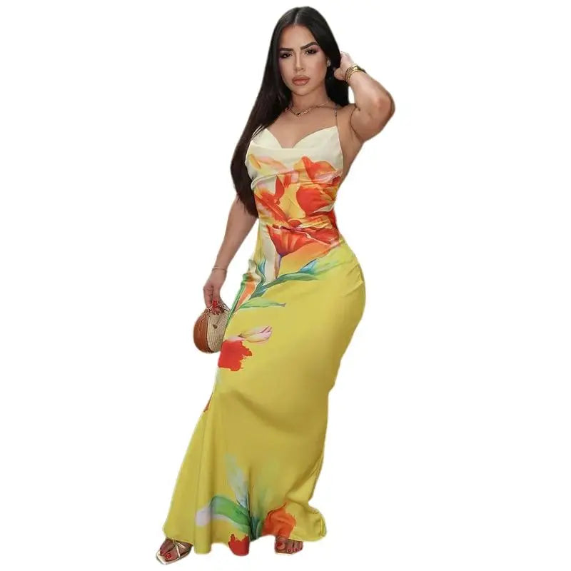 BXOXO Sexy Dress Women Lace-Up Backless Floral Print Ruched Swing Collar Sleeveless Robe Vacation Trend Beach Party Outfits