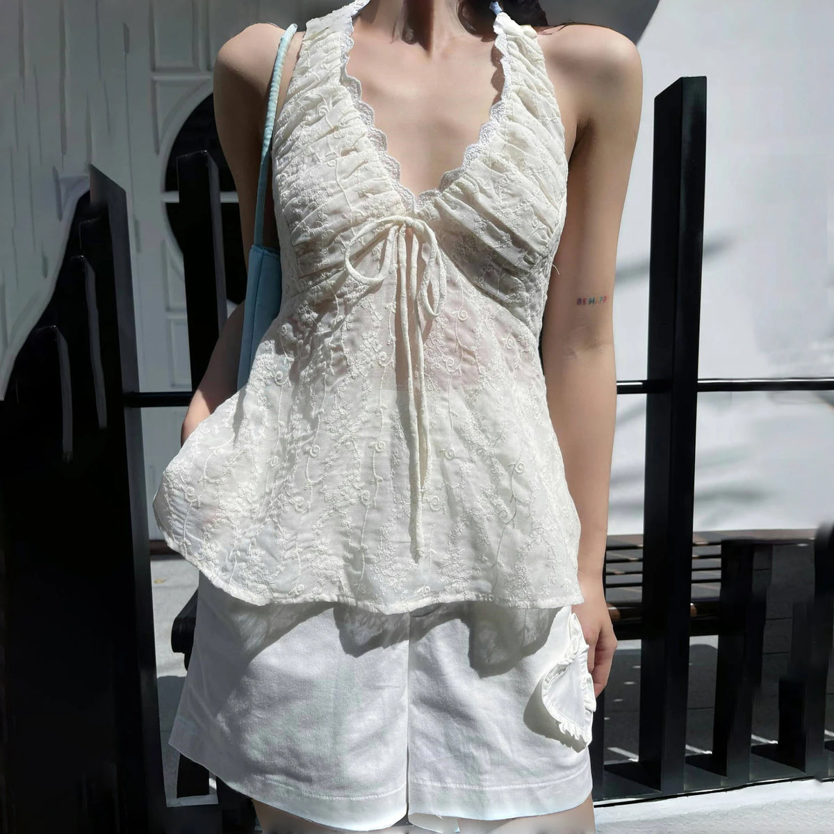 Bxoxo Lace Trim V-Neck Sexy Backless Ruffle Solid Halter Tank Top Y2K Summer Fashion Sweet Cute Daily Outdoor All-Match Camis