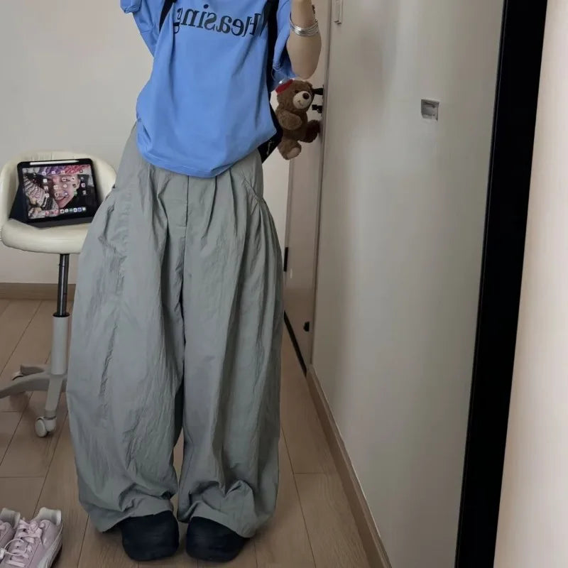 Bxoxo Gary Oversized Women Cargo Pants Wide Leg Elastic High Solid Color Korean Fashion Baggy Trousers Grunge Streetwear