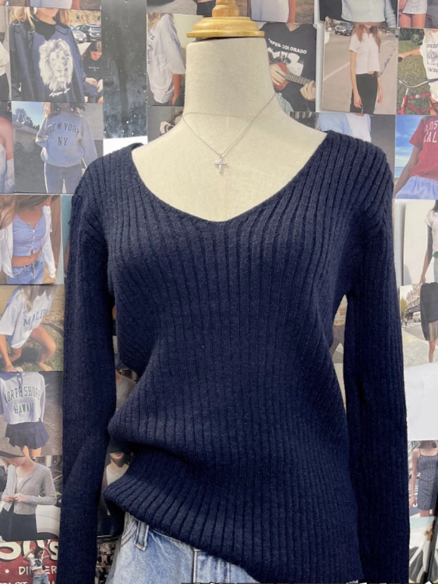 Bxoxo Vintage Navy Knitted Sweaters Women 2023 Autumn Sweet V Neck Long Sleeve Slim Y2k Tops Ladies Harajuku Cute Cotton Pull Sweater