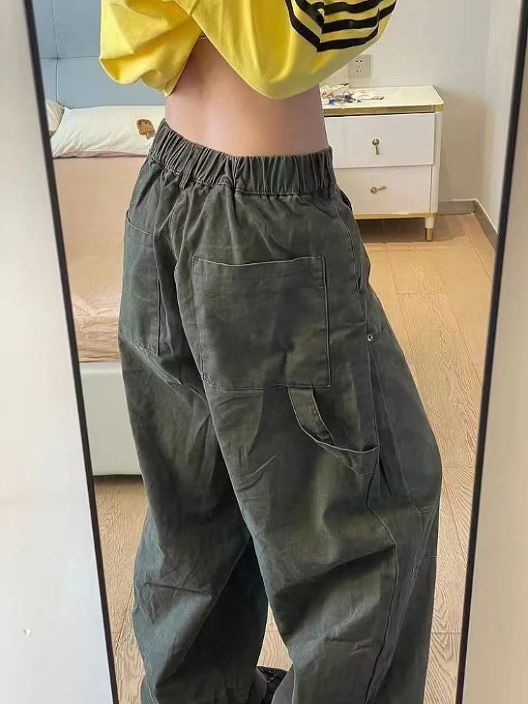 Bxoxo Vintage Washed Women Cargo Jeans Harajuku Wide Leg American 2000s Style Denim Pants Baggy Trousers Casual Streetwear