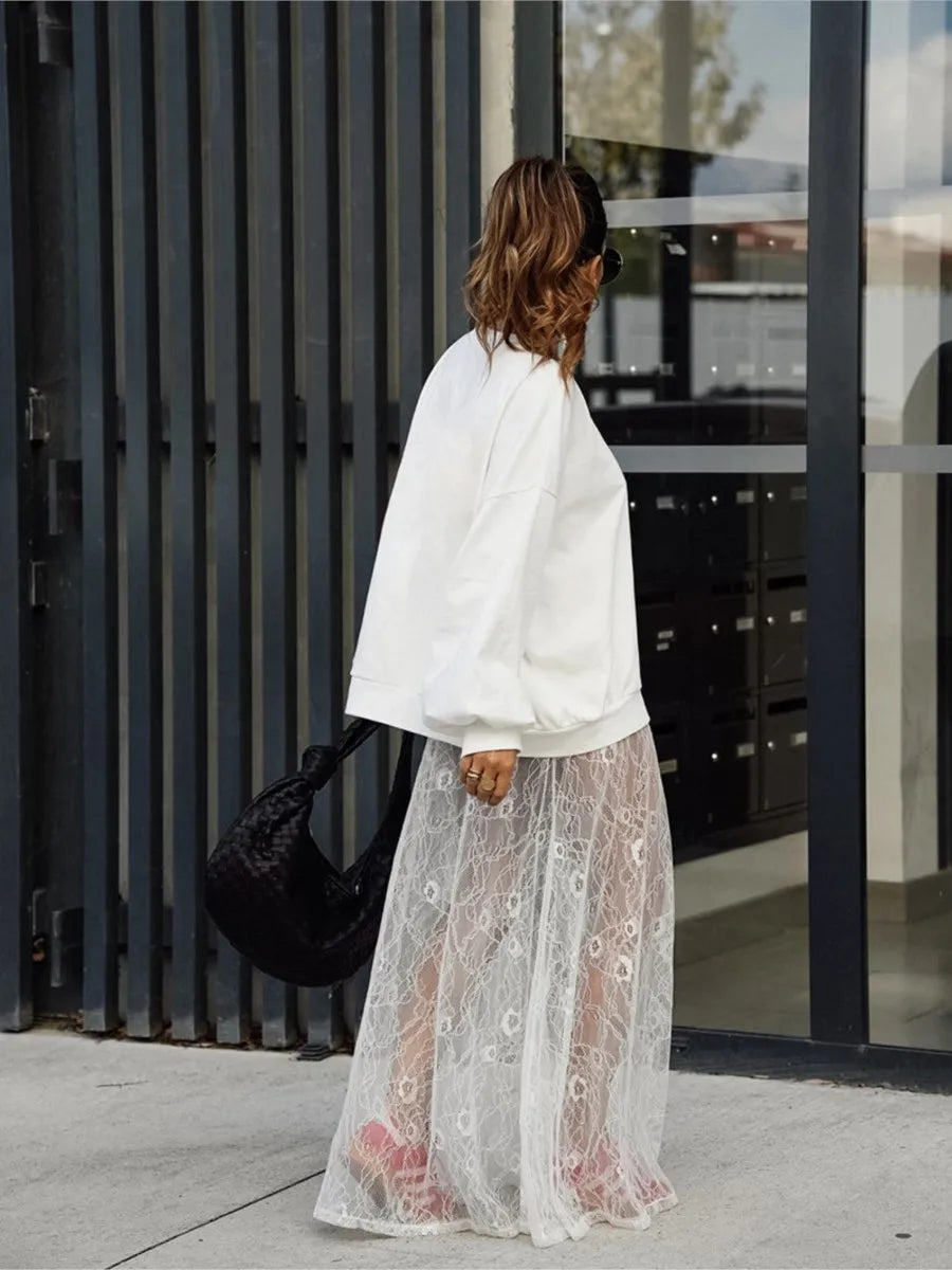 Bxoxo New Jacquard Lace Sheer Long Skirt Women Elastic Waist White Sexy Transparent Maxi Skirts Female Streetwear Fashion Faldas Jupe