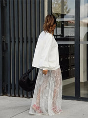 Bxoxo New Jacquard Lace Sheer Long Skirt Women Elastic Waist White Sexy Transparent Maxi Skirts Female Streetwear Fashion Faldas Jupe