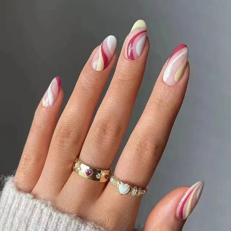 Bxoxo 24P French Oval False Nails Girls White Edge Design Nude Color Wearable Press on Nail Full Cover Short Acrylic Almond Fake Nails
