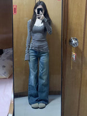 BXOXO Y2k Aesthetics Stripes Button Tops Women Harajuku Slim Fit Casual T-shirt Vintage Sexy Long Sleeve Split Shirts Grunge E-girls