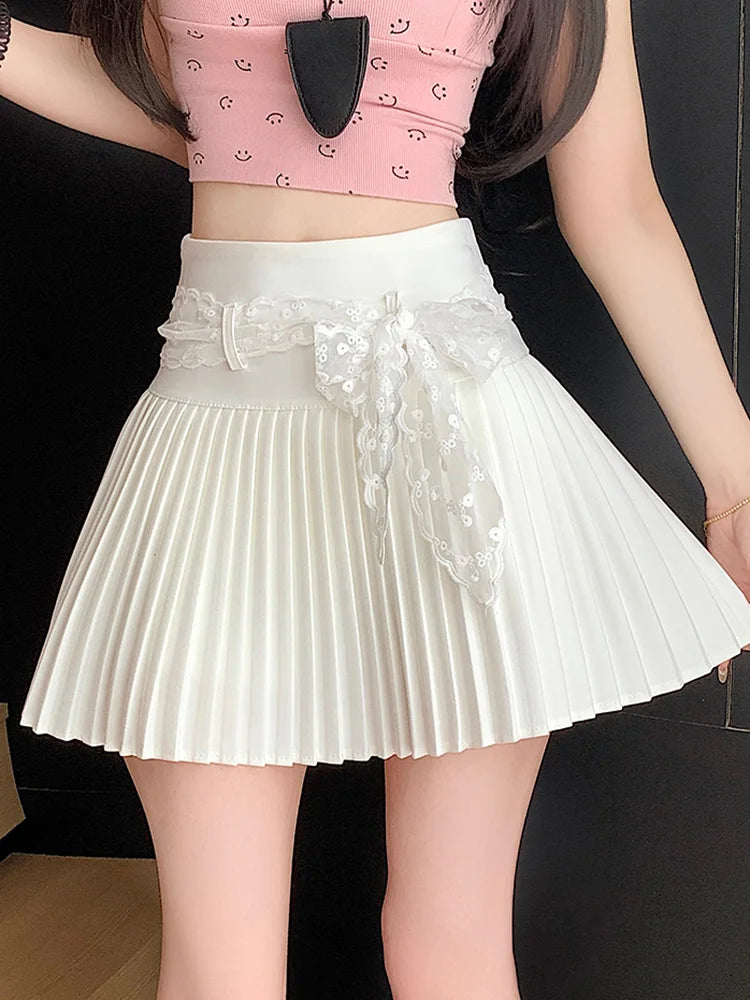 Bxoxo Lace Belt Pleated Skirt Women Sweet High Waist Sexy Mini Skirts Korean Fashion Casual Preppy Style Cute A Line Dance Skirt