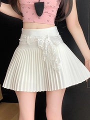 Bxoxo Lace Belt Pleated Skirt Women Sweet High Waist Sexy Mini Skirts Korean Fashion Casual Preppy Style Cute A Line Dance Skirt