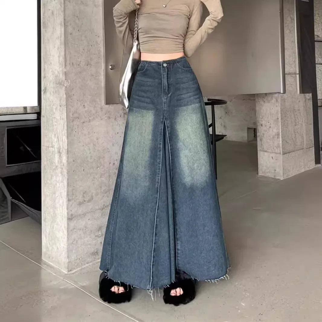 BXOXO Vintage Washing Denim Skirt Women's High-waisted Slimming A- line Long Dress Patchwork Style Spring Season New Arrival