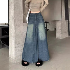 BXOXO Vintage Washing Denim Skirt Women's High-waisted Slimming A- line Long Dress Patchwork Style Spring Season New Arrival