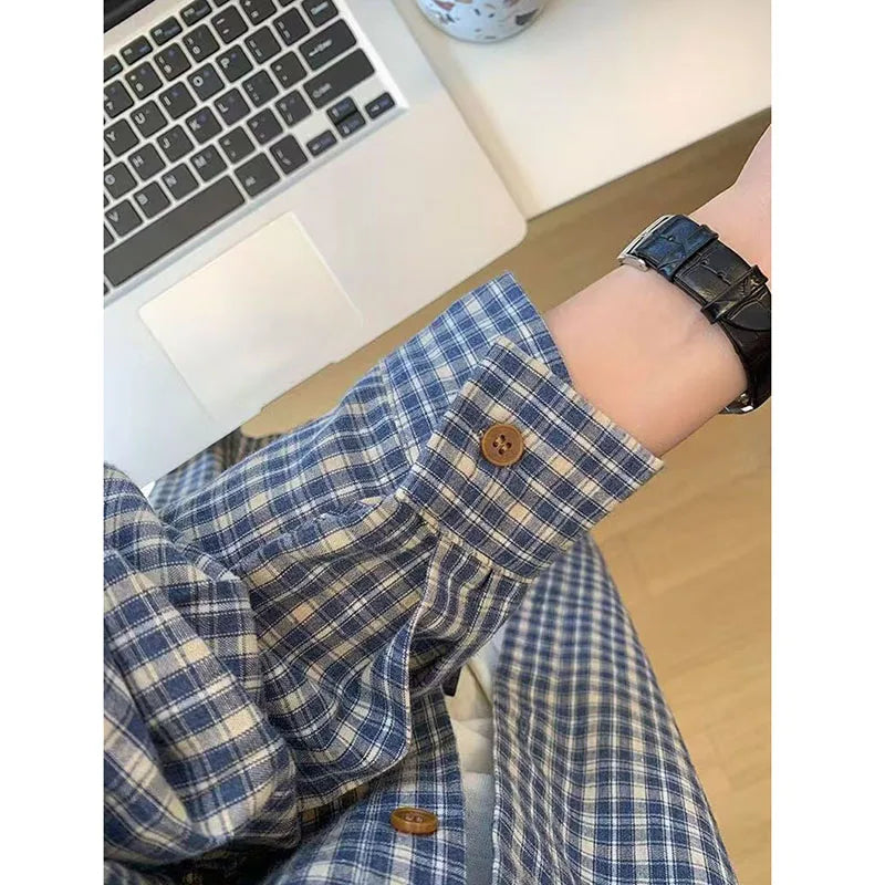 Bxoxo Vintage Blue Plaid Shirts for Women Casual Loose Long Sleeve Checkered Blouses Bf Summer Streetwear Lapel Shirt New