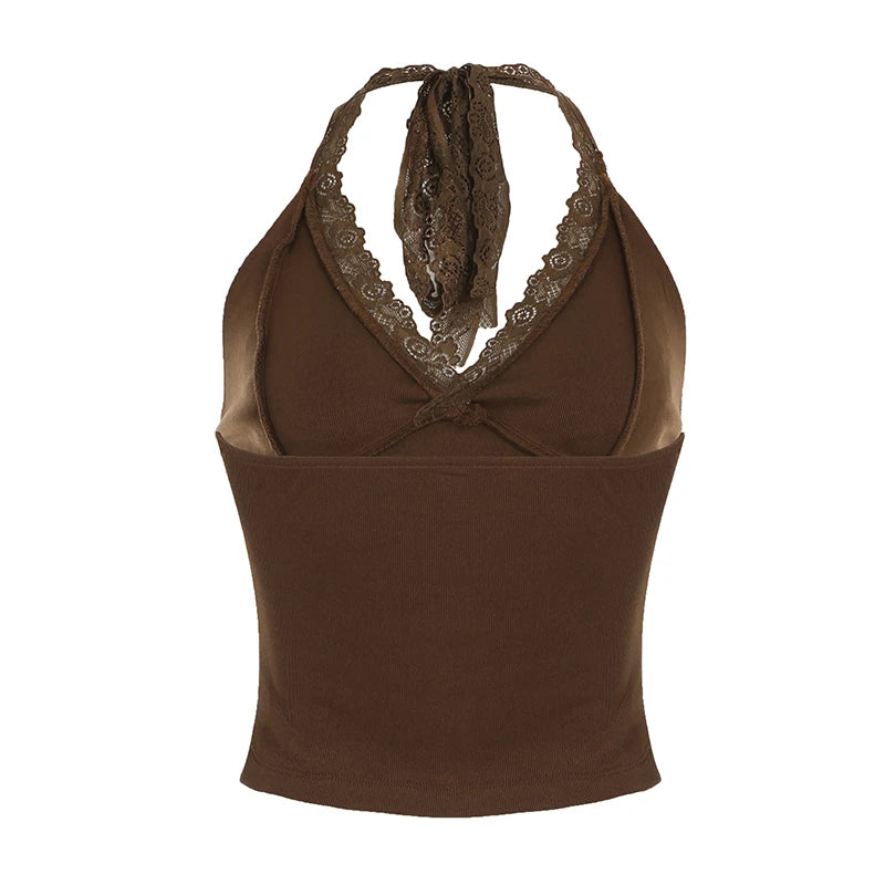 BXOXO Brown Lace Bandage Halter Tank Top Women Grunge 2000s Sleeveless Tees Vintage y2k Skinny V Neck Vest Summer Street Style